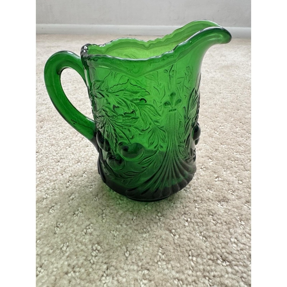 L.G. WRIGHT Opalescent Vaseline Uranium Glass Wreathed Cherry Creamer Pitcher - Picture 4 of 12